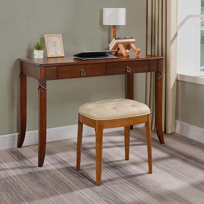 Solid Wood Button Tufted Vanity Stool, Ottoman Stool with Wood Legs & Padded Seat PU Leather Upholstered Piano Bench with Non-Slip Foot Pads Accent Chair for Bedroom Entryway, Beige