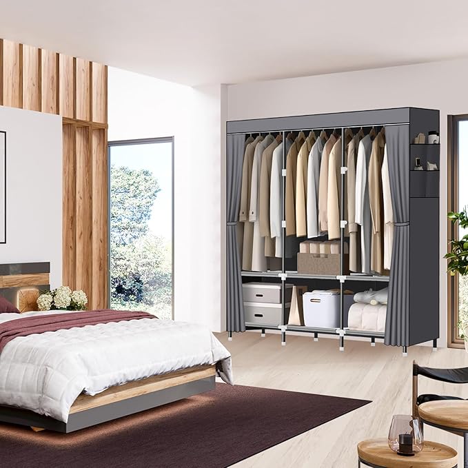 LOKEME Wardrobe Closet,Portable Closet for Bedroom Steel Pipe Diameter 19mm Strong and Sturdy Grey Portable Closets for Hanging Clothes with 3 Hanging rods, 6 Storage Shelves and Side Pockets