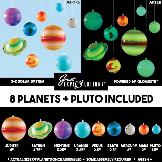 Great Explorations, 3-D Solar System Glow In The Dark Ceiling Hanging Kit 3D Planets and Star Stickers Create the Milky Way Teach Science STEM