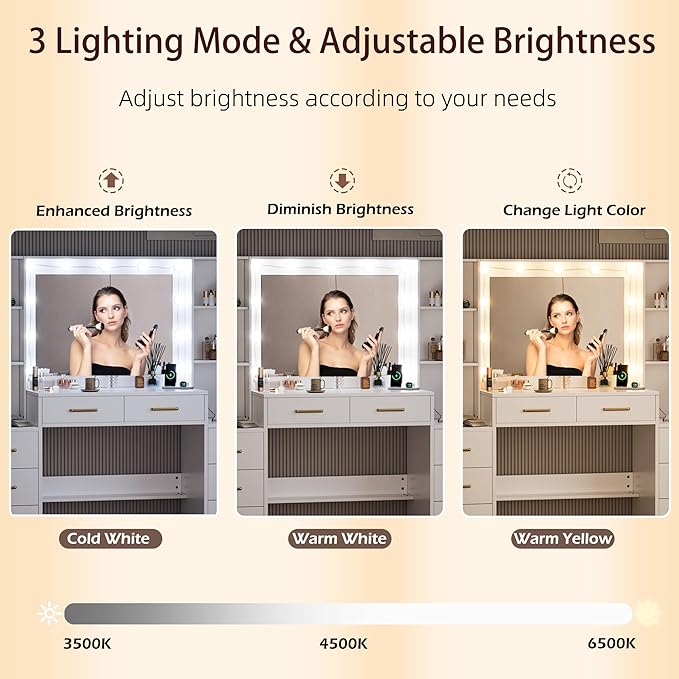 58.3”Vanity Desk with Mirror and Lights & Charging Station, Bedroom Dressing Table, Large Vanity Set, 8 Drawers and 2 Cabinets, Makeup Vanity Table with Charging Station, Without Stool