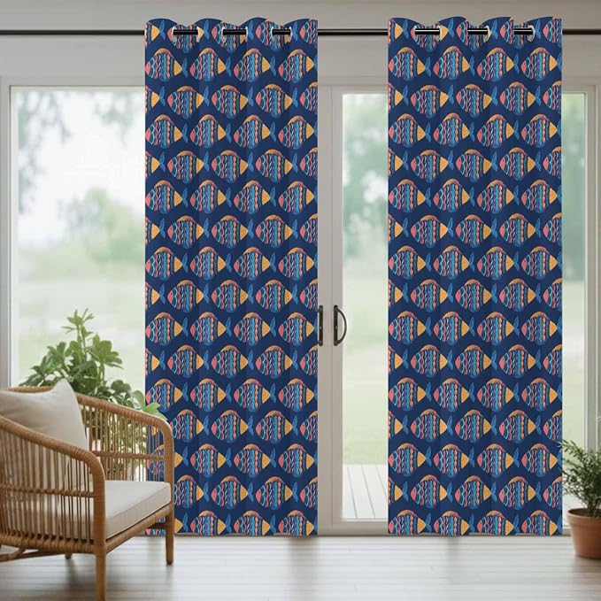 Fish Outdoor Curtains for Patio Vintage National Wind Fish Blue Waterproof
