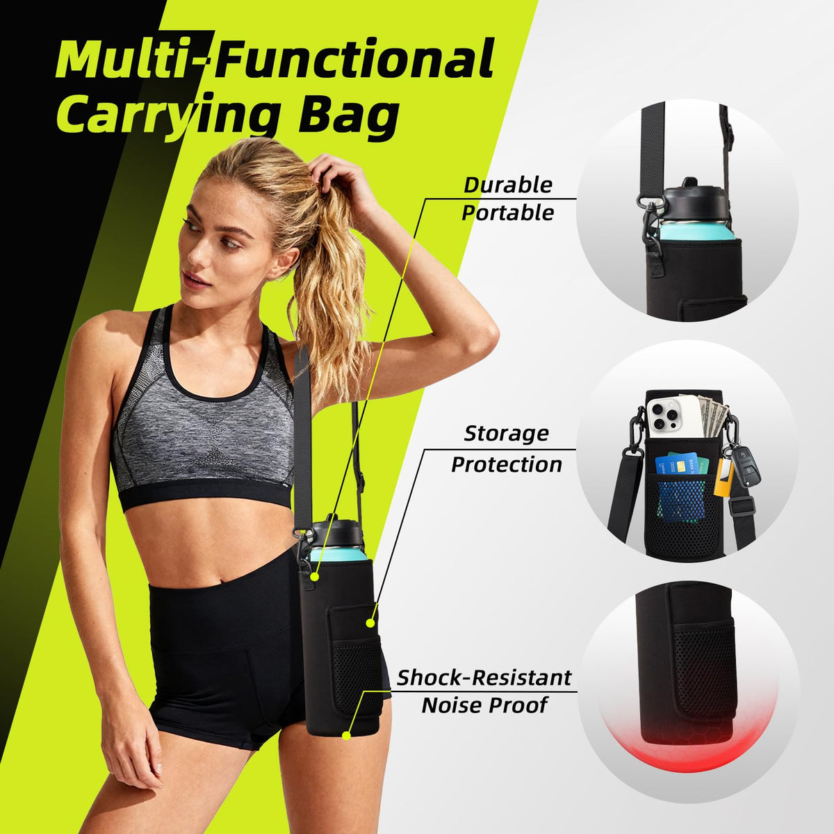 1/2 Gallon Water Bottle Insulated - Keep Cold 48H, with Carrier Pouch, Straw & Auto Spout Lid, Paracord Handle & Protective Boot, 64oz Water Jug Half Gallon Stainless Steel Flask Set
