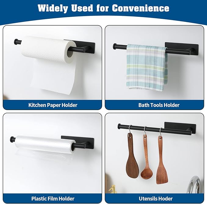 theaoo 2 Packs Paper Towel Holder - Under Cabinet Paper Towel Holder for Kitchen, Adhesive Paper Towel Roll Rack for Bathroom Towel, Wall Mounted Matte Black Paper Towel Rack, SUS304 Stainless Steel