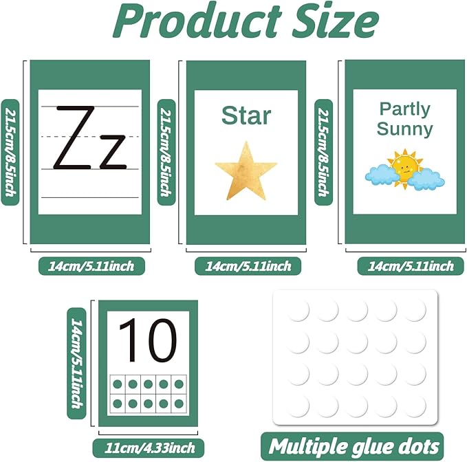 67 PCS Classroom Alphabet Number Educational Poster Cards with Weather Shape Color Learning Cards Decorations, Eucalyptus Green Bulletin Board Letter, School Home Wall Decor for Teacher