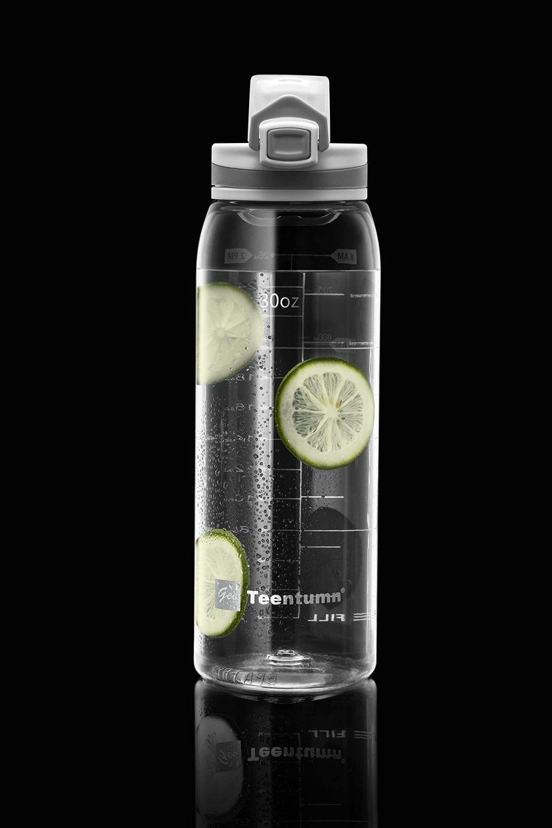 Teentumn 30oz Sport Water Bottle with Time Markers, Large Durable Gym Plastic Bottle Tritan BPA Free for Fitness, School, Outdoor Enthusiasts, Leakproof Clear (Pack of 1)