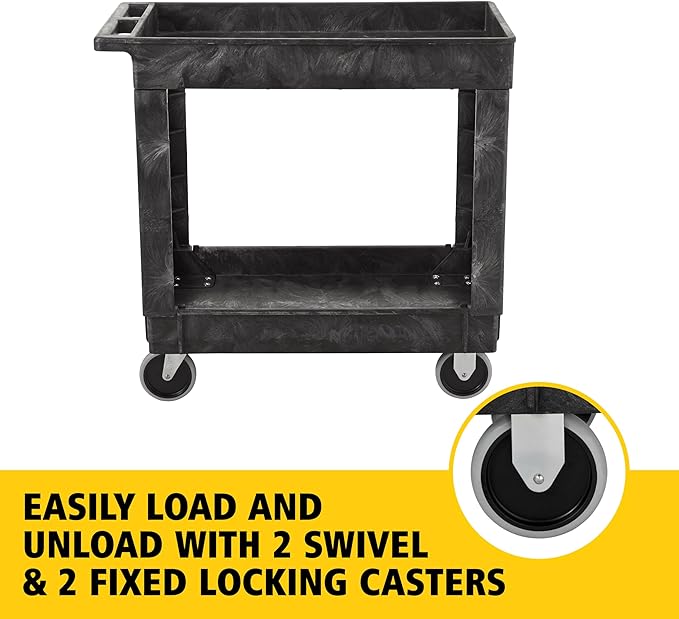 Rubbermaid Commercial Products 2-Shelf Utility/Service Cart, Medium, Black, Lipped Shelves, Ergonomic Handle, 500 lbs. Capacity, for Warehouse/Garage/Cleaning/Manufacturing