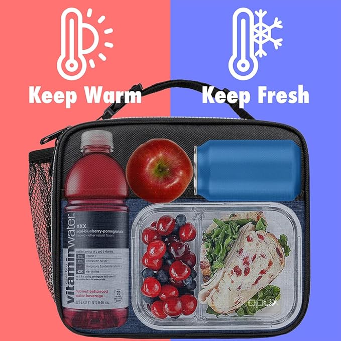 opux Insulated Lunch Bag Kids, Lunch Box for School Boy Girl, Leakproof Small Reusable Compact Soft Mini Cooler Bag, Toddler Small Lunch Boxes Kit Pail with Front Side Pockets (Navy)