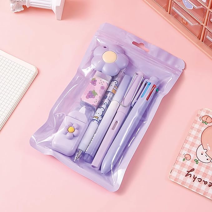 7 Pcs Cute Purple Stationery Set Kawaii School Supplies Office Supplies Including Ballpoint Pens Pencil Sharpener Highlighter Correction Tape Ruler Utility Knife (Purple)