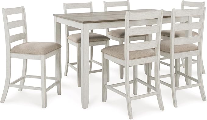 Signature Design by Ashley Skempton Modern Farmhouse Counter Height Dining Table and Upholstered Bar Stools, Set of 7, White & Light Brown
