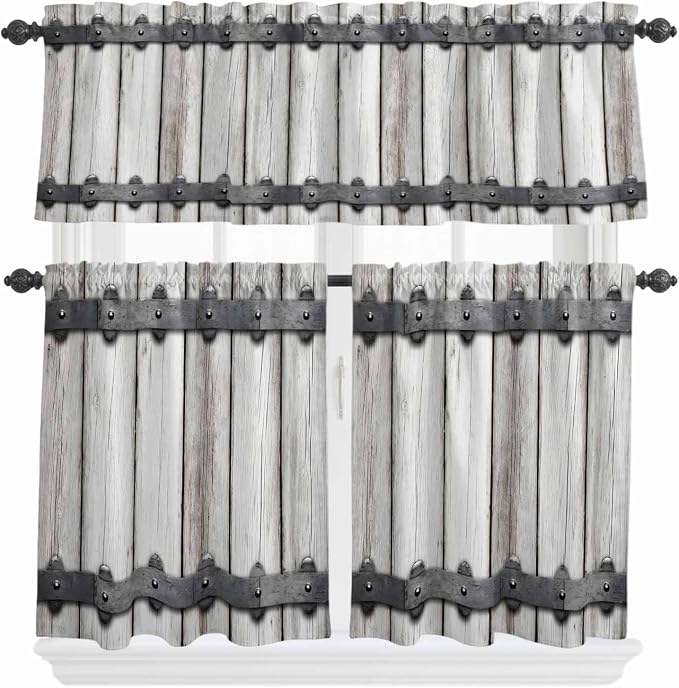 Farmhouse Rustic Kitchen Curtain Set, Vintage Country Wooden Grain Window