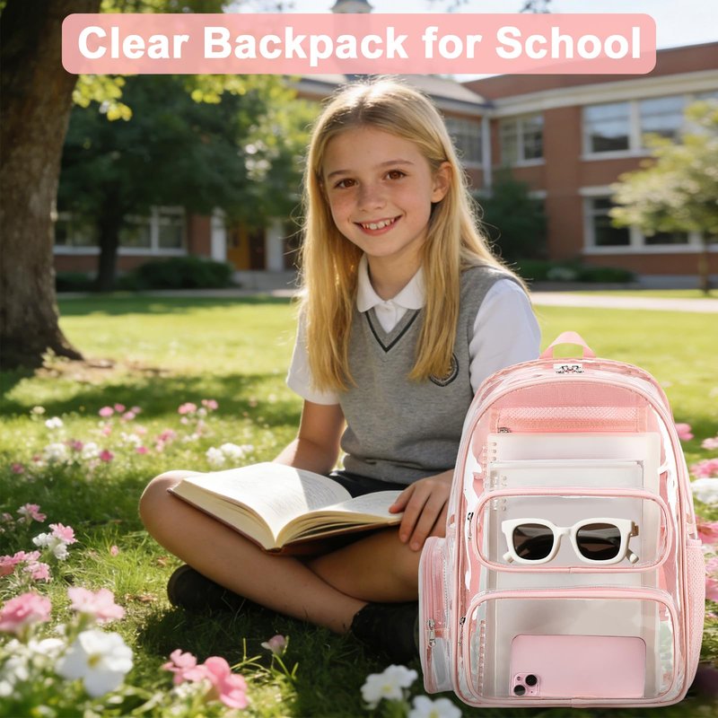 BTOOP Clear Backpack Heavy Duty Transparent Backpack 17" See Through Bookbag for College Work Festival Security Padded Strap (Pink)