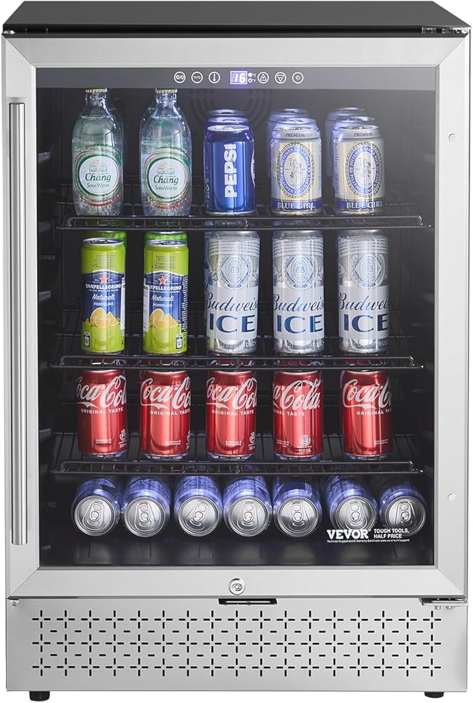 VEVOR Beverage Refrigerator Cooler, 154 Can Beverage Fridge, Mini Fridge with Glass Door, Adjustable Shelves, Digital Temperature Control, Built-in & Freestanding Soda Beer Fridge for Home Office Bar