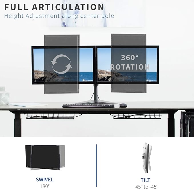 VIVO Dual 13 to 30 inch Monitor Free-Standing Mount, Fully Adjustable Desk Stand, Holds 2 Flat or Curved Display Screens, STAND-V102F