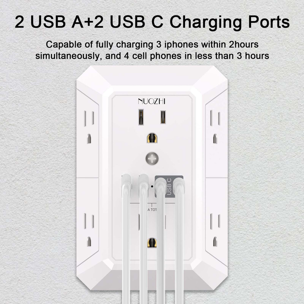 Outlet Extender Surge Protector - NUOZHI 6 Outlet Splitter with 4 USB Ports(2 USB-C), Multi Plug Wall Outlet 1680J Power Strip for Home Office Dorm Room Essentials, ETL, White