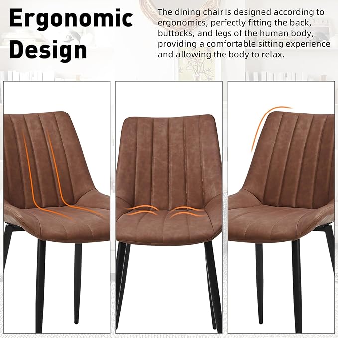 Dining Chairs Set of 4, Faux Leather Modern Linear Design Dining Chair with Metal Legs, 16.9" Seat Width Chair for Kitchen, Lounge, Reception Room, Restaurant, Commercial (Brown)