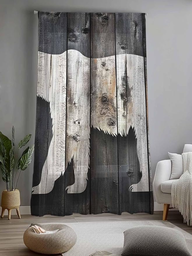 Sheer Curtains 108 Inches Long, Farmhouse Country Vintage Wood Grain Privacy