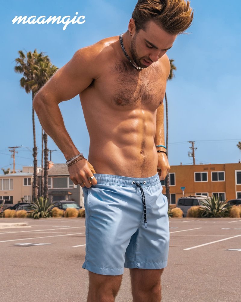 maamgic Mens Swim Trunks Quick Dry Swim Shorts with Mesh Lining Funny Swimwear Bathing Suits 7inch Solid Lake Blue X-Small