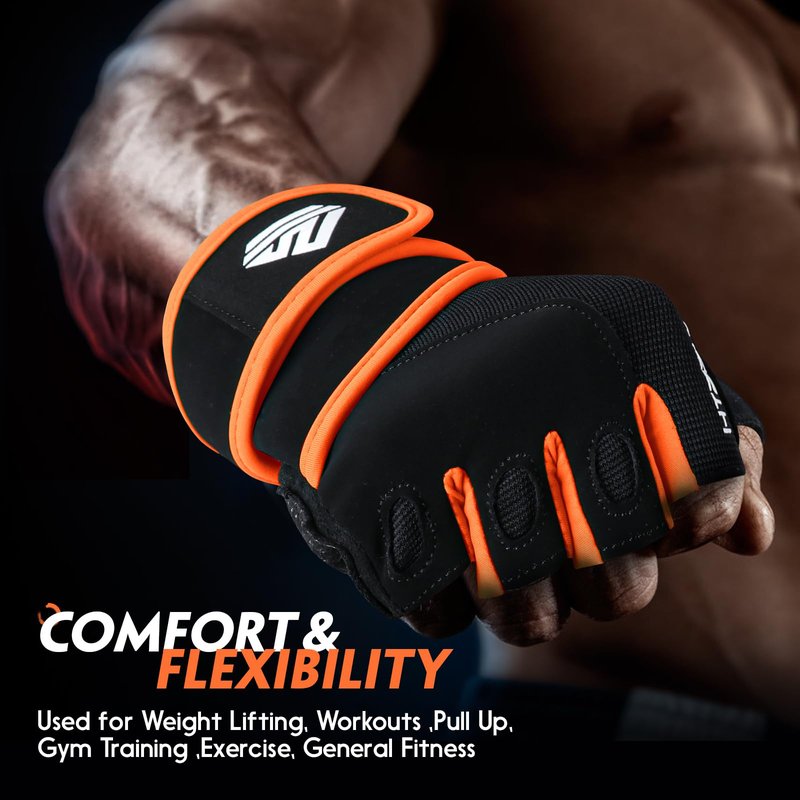 HTZPLOO Workout Gloves for Men Women - Weight Lifting With Full Palm Pad, Strong Wrist Wraps Support, Enhanced Grip - Fitness, Training, Exercise (Black&Orange, Medium)