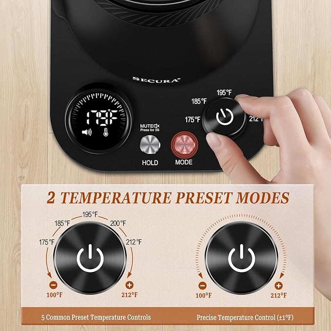 Secura Electric Gooseneck Kettle with 5 Temperature Control Presets, 100% Stainless Steel Inner Tea/Coffee Kettle with 1.5H Keep Warm, 1200 Watt Quick Heating for Coffee Tea Brewing, 0.8L, Matte Black