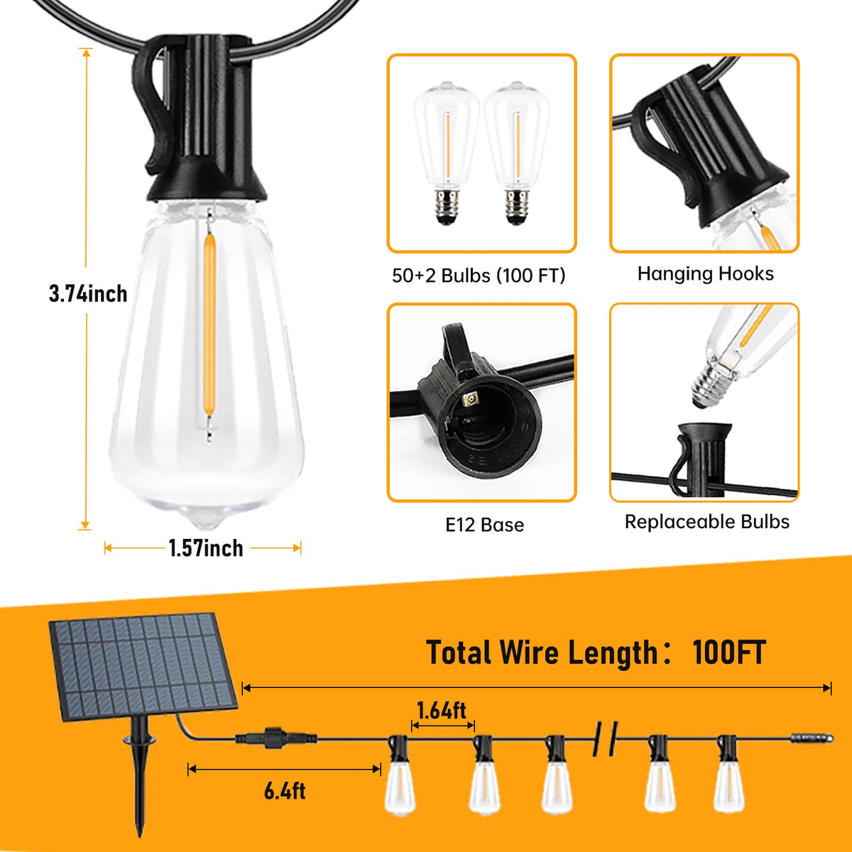 CRLIVOING Solar String Lights Outdoor Waterproof, 100FT Solar Powered Outdoor Lights with Remote, 52 Shatterproof with Edison Bulbs, LED String SolarLights for Garden, Backyard, Parties
