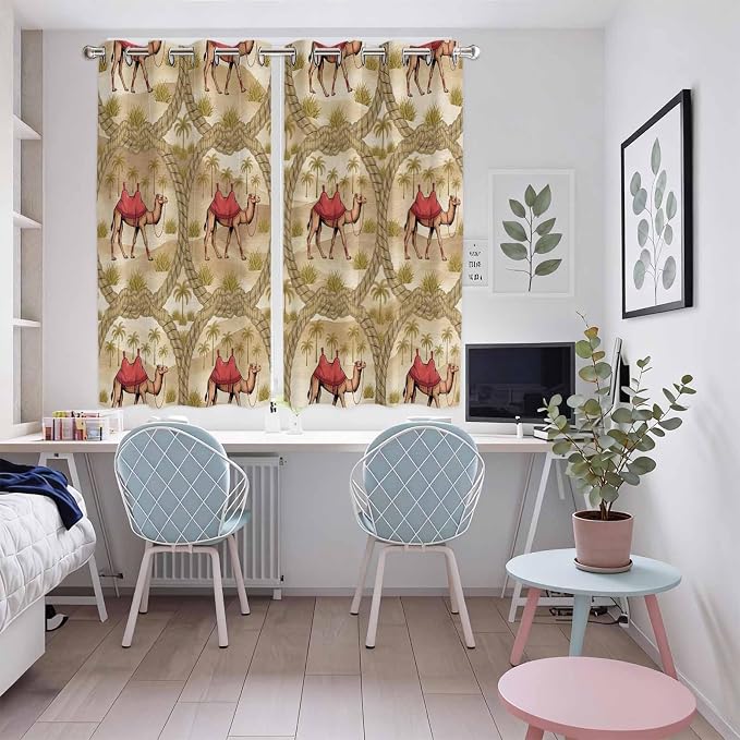 2 Panel Kitchen Cafe Curtains, Desert Camels Sunlight Filtering Nature Air