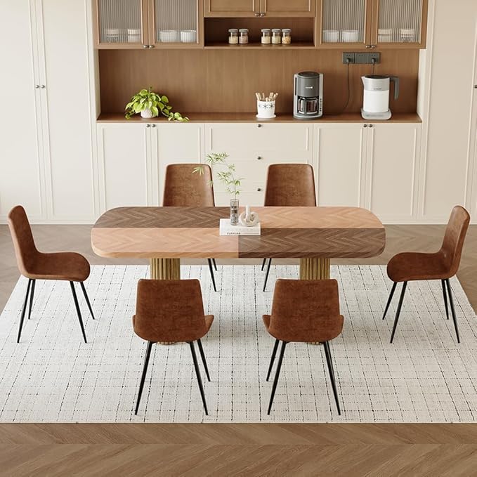 79" Large Dining Table Set for 6, Modern Farmhouse Dining Room Table Set with 1.7" Thick Two-Tone Wood Top, Sculpted Wave Legs & 6 Suede Upholstered Chairs, Wooden Kitchen Table Set for Living Room