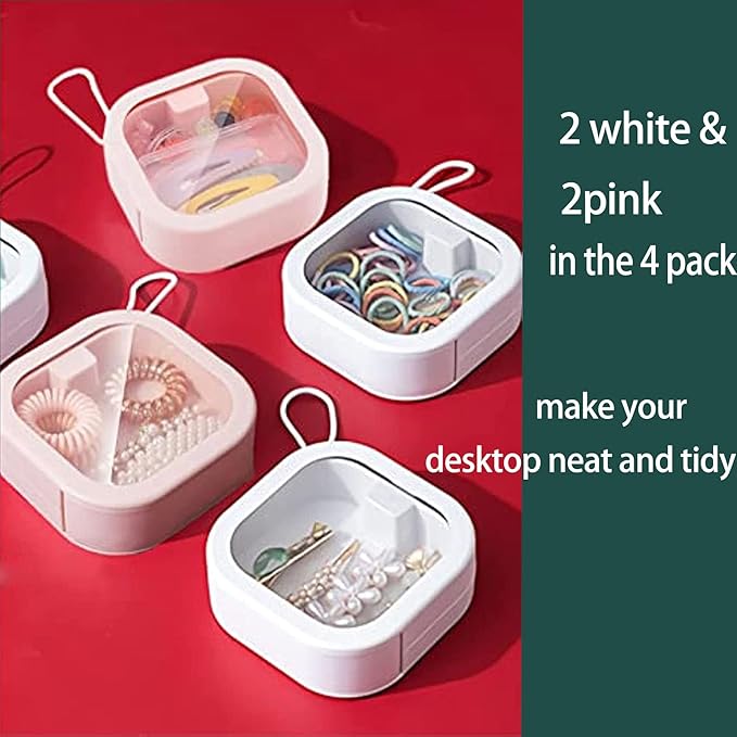 4pcs Hair Tie Organizer,Portable Travel Qtip Holder,Bathroom Storage Organizer Qtip Dispenser Cotton Swabs Dispenser Kids Hair Accessory Box with Lid for Bathroom,Desktop Organizer(4 Pcs White)