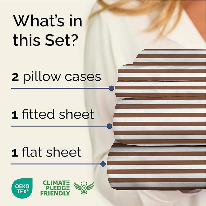 Striped Sheets - Brown Striped Sheets - 1 Flat & 1 Fitted & 2 Pillowcases w/ Deep Pockets – Comfy, Wrinkle & Fade Free - Ultra-Soft, Breathable & Cooling – Luxury Pinstripe Bedding - King Size Bed Set