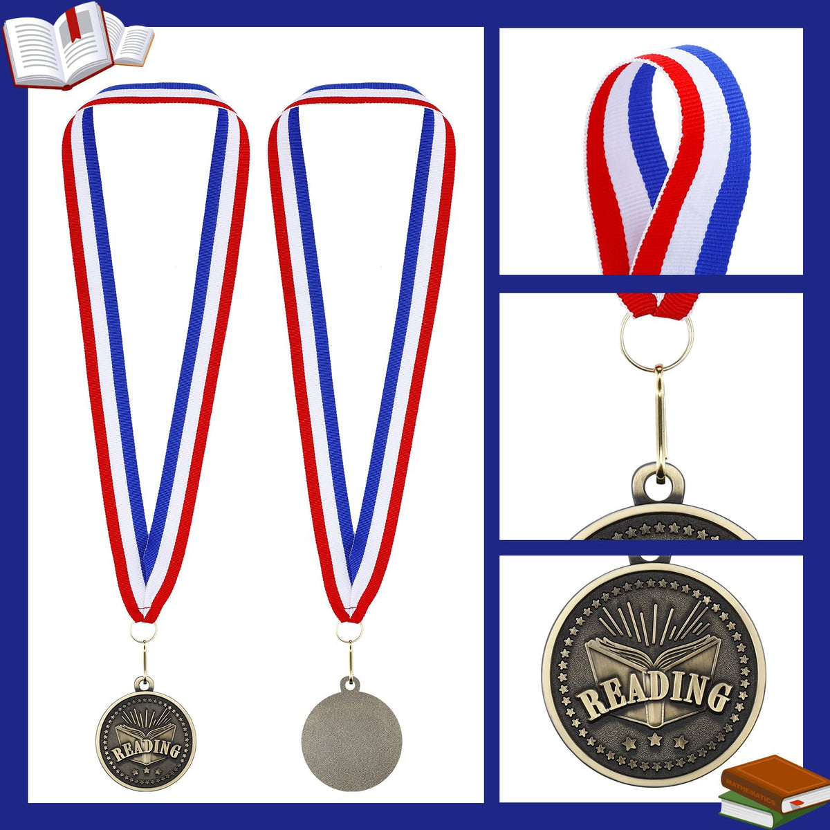 Loetere 36 Pcs Reading Book Medals 2'' Gold Reading Award Medals with Neck Ribbon Book Worm Award Prize Gift for Scholastic, Competitions