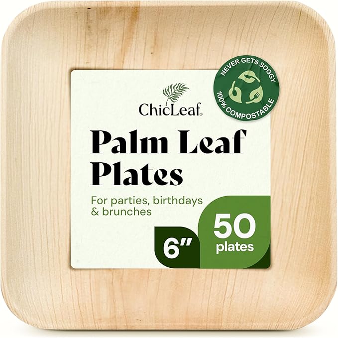 Chic Leaf Palm Leaf Compostable Plates - 6" Square, Pack of 50 - Disposable Dinnerware for Christmas Food, Rustic Bamboo Appetizer Plates - Charcuterie Boards & Biodegradable Serviceware