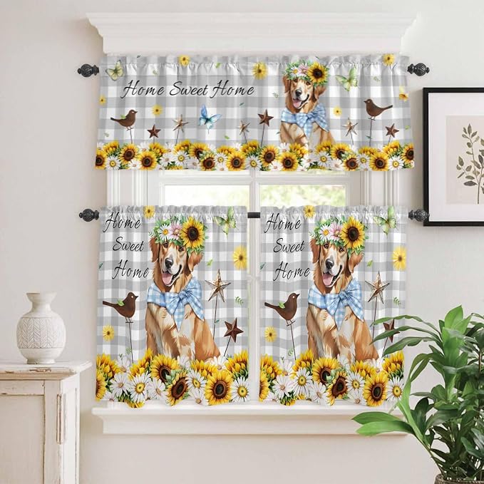 Kitchen Curtains Tiers and Valance Set of 3, Sunflowers Dog Light Filtering