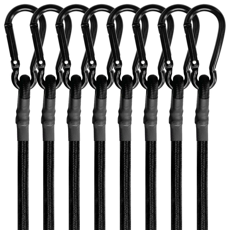 BEXSLE 8 Pcs 24in Bungee Cords with Carabiner Hooks Heavy Duty, Outdoor Black Bungee Straps, Strong Industrial Grade Elastic Bungee Rope for Securing Tarps, Luggage, Tents，Bikes or Garden Tidying