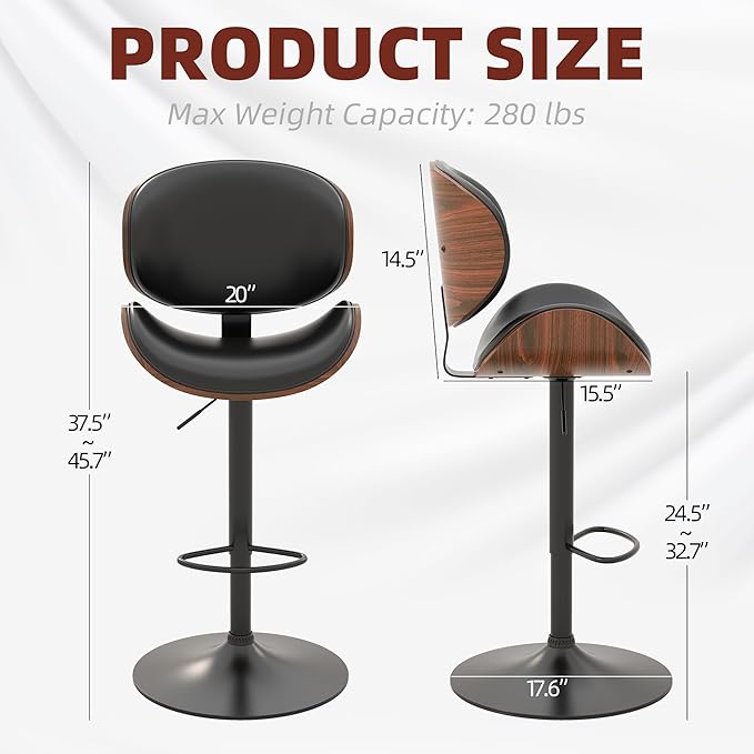 civama Bar Stools Set of 3 for Kitchen Counter, Adjustable Bar Height Chairs, Modern Swivel Barstools with Bentwood Seat and Back with Footrest, for Kitchen Island, Dining Room, Black PU Leather