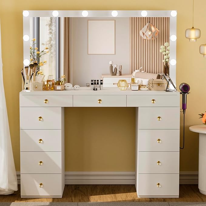 Likein Vanity Desk with Mirror and Lights, White Vanity with Hidden Jewelry Storage Cabinet, Charging Station, 11 Drawers Makeup Vanity with Lights, Crystal Knobs, 3 Color Lighting Modes for Girls