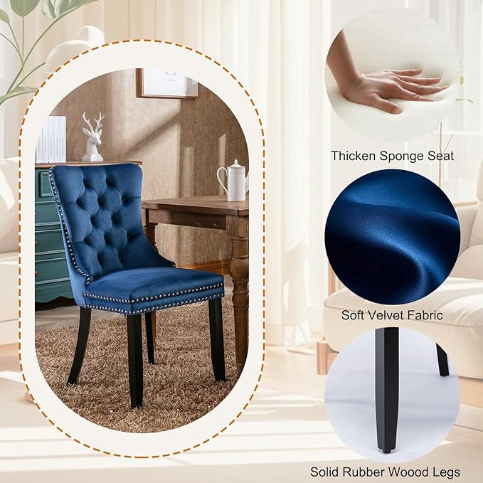 7-Piece Faux Marble Round Dining Table Set for 6, Modern Luxury Kitchen Table Set for 6 with Blue Tufted Chairs,Circle Dining Tables with White Marble Grain Top and Black Pedestal Base