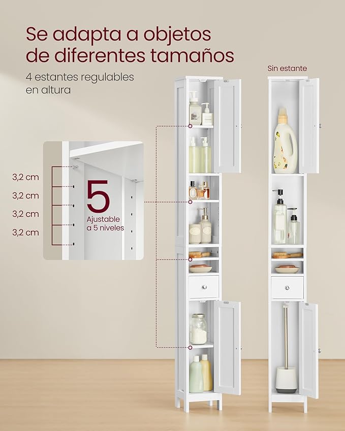 VASAGLE Tall Storage Cabinet, Slim Freestanding Floor Cabinet with Adjustable Shelves, Drawer, Open Compartments, for Small Spaces, Bathroom, Living Room, Modern, Cloud White UBBC765W01