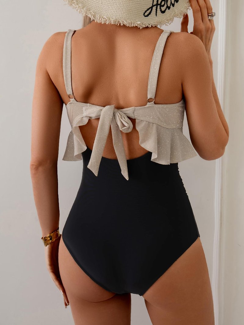 B2prity Womens One Piece Swimsuit Tummy Control Ruffled Bathing Suit V Neck Cutout Swim Suit Tie Back Swimwear