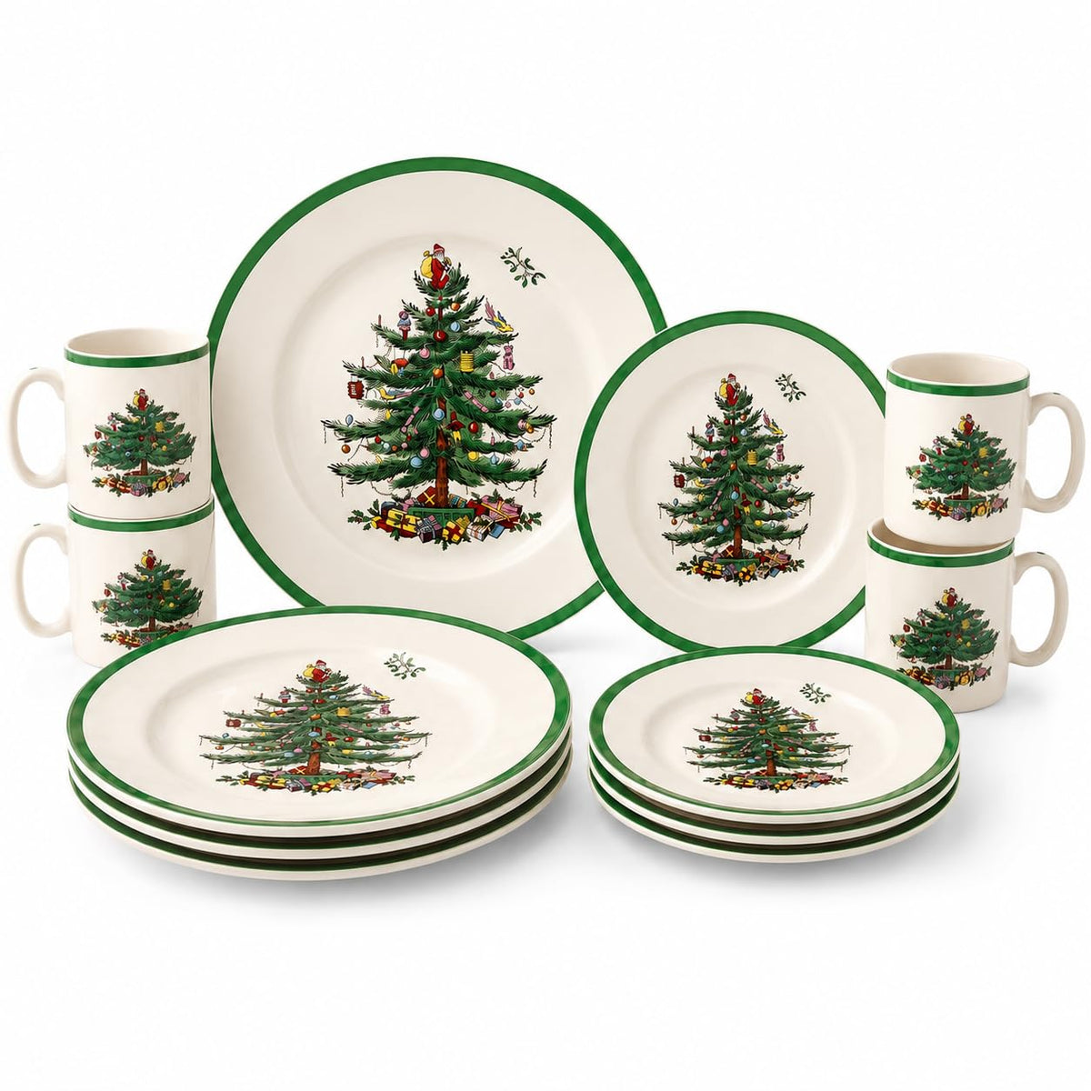 Spode Christmas Tree 12-Piece Dinnerware Set (Service for 4) - Festive Holiday Tableware Collection with Plates and Mugs - Fine Earthenware Christmas Dinnerware - Microwave & Dishwasher Safe