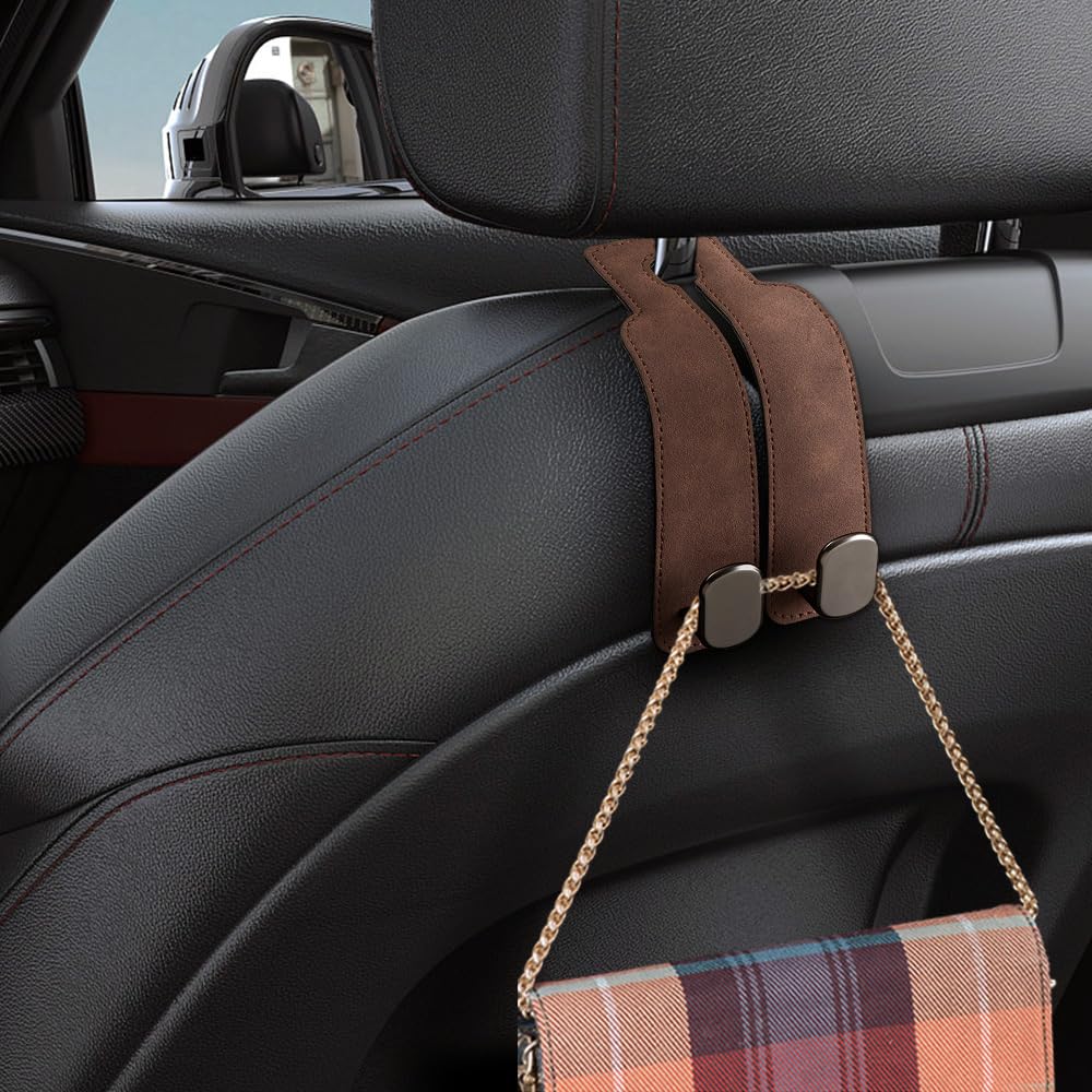 Headrest Hooks for Car, 2026 New Car Seat Back Storage Hook for Headrest, Double Hook Car Hooks for Purses and Bags Cute Leather Headrest Hanger Seat Back Organizer (Brown)