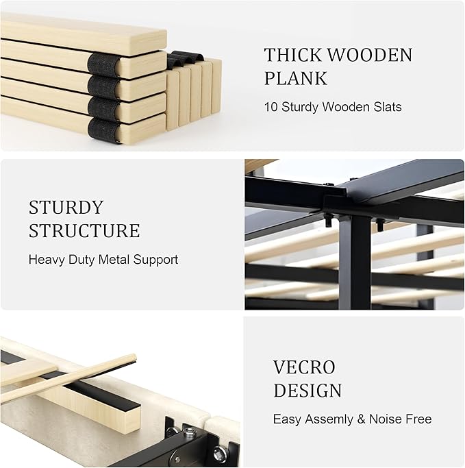 Queen Size Platform Bed Frame with Upholstered Headboard, Wooden Slats Support, Noise Free, No Box Spring Needed, Easy Assembly, Beige, Velvet