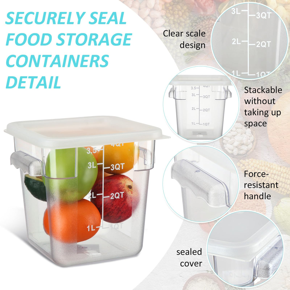 Yungyan 12 Pcs 4 Qt Commercial Food Storage Containers with Lids Restaurant Square Airtight Food Storage Containers Clear Cereal Containers for Kitchen Freezer Dishwasher Pantry(Blue Lid)