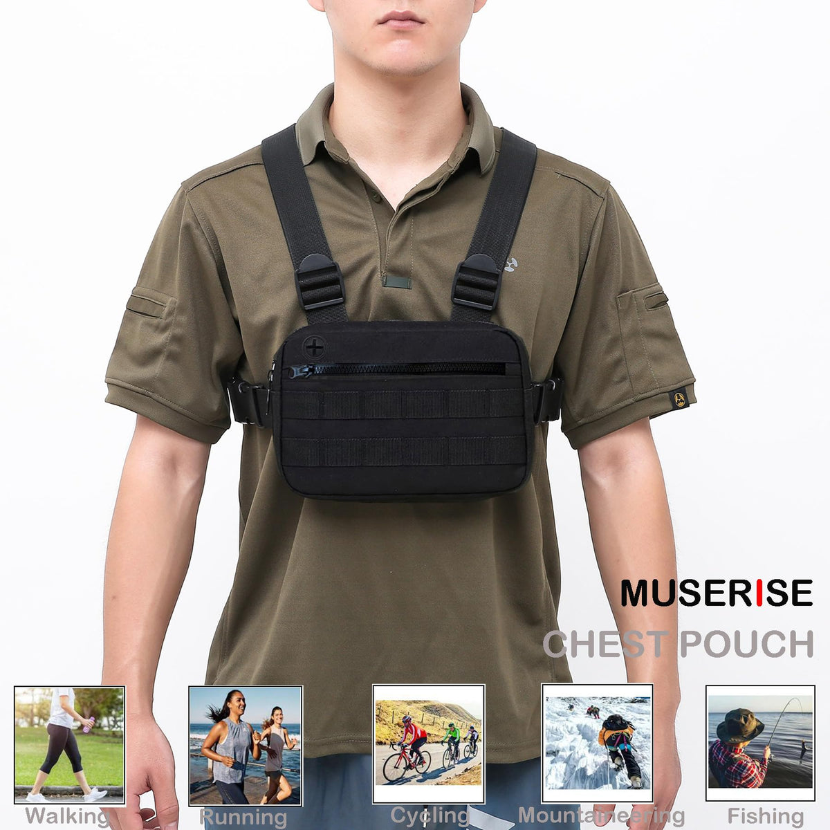 Muserise Outdoor Chest Bag For Men, EDC Chest Pack With Built-In Phone Holder, Lightweight Chest Rig Pouch (Black)