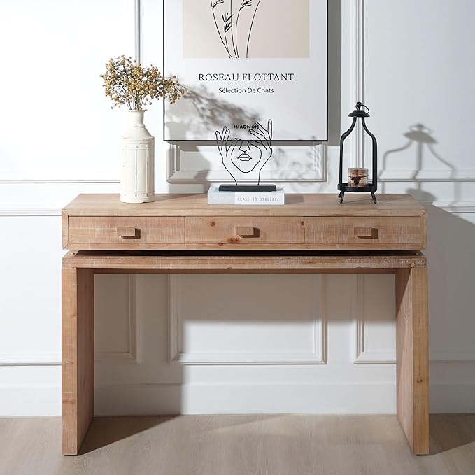 47" Farmhouse Wood Console Table with 3 Drawers, Rustic Wooden Sofa Table Behind Couch with Storage, Mid Century Modern Entryway Table for Living Room, Hallway, Entrance