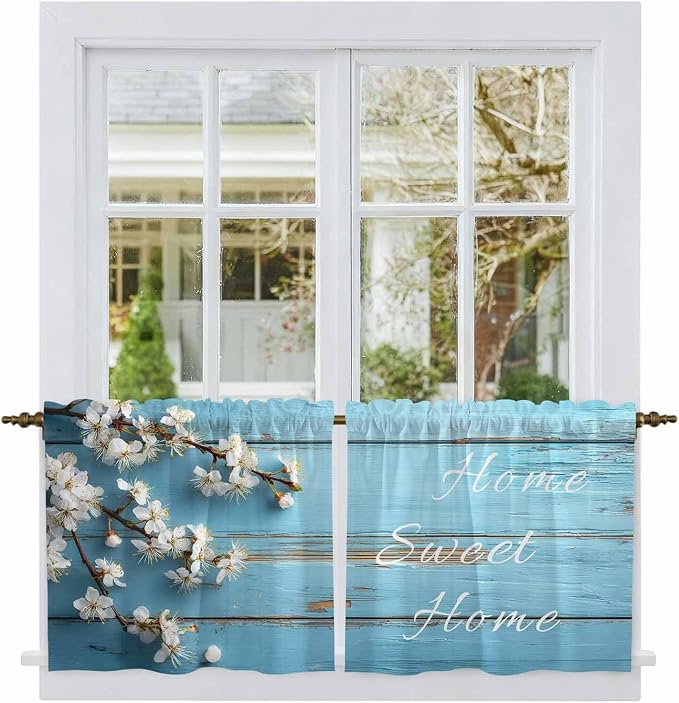 Farmhouse Wooden Grain Tier Curtains, Vintage Shabby Chic Flower Blue Light