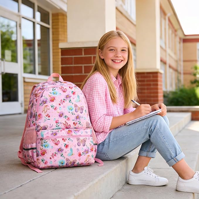 DSIUE Kids Backpack for Girls Elementary BookBags Teens Middle School Backpack with Lunch Box Butterfly Pink