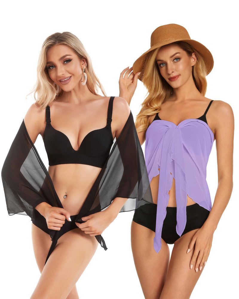2 Pieces Sarong Cover Ups for Women Beach Bathing Suit Wrap Sheer Short Skirt Bikini Chiffon Scarf for Swimwear (Black and Light Purple)