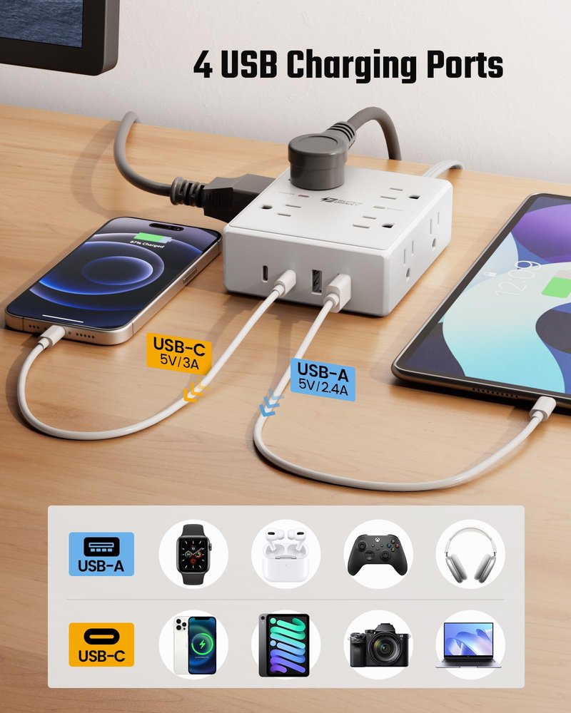 25Ft Long Extension Cord, Flat Plug Power Strip with 8 Outlets & 4 USB Ports (2 USB C), Wall Mountable Surge Protector, Desk Charging Station for Home Office, Dorm Room Essentials