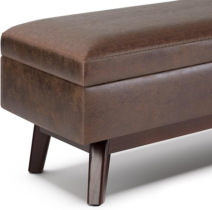 SIMPLIHOME Owen Rectangular Storage Ottoman - 48 inch Wide Upholstered Vegan Leather Lift-Top Ottoman in Distressed Chestnut Brown, Mid-Century Modern Ottoman for Living Room with Tufted Detail