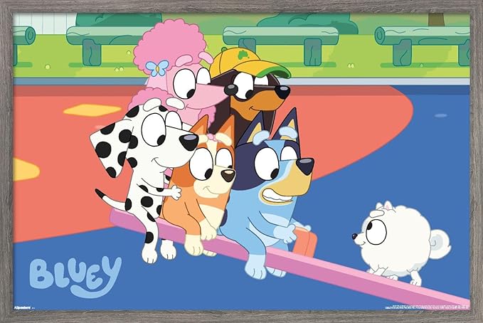 Bluey (2018) - Bluey and Friends See Saw Fun Wall Poster, 34L" x 22.4W", Barnwood Framed Version