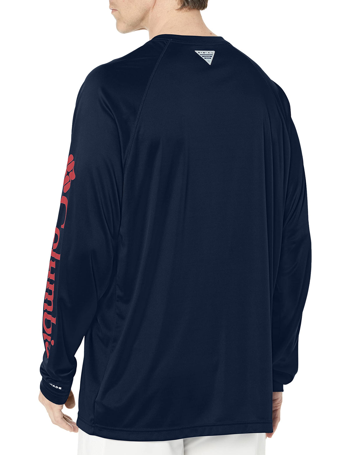 Columbia Men's PFG Terminal Tackle Long Sleeve Fishing Shirt, Collegiate Navy/Sunset Red Logo, Large Tall